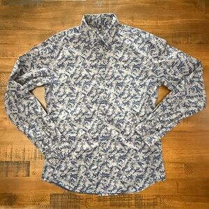 Benetton Men's Button Long Sleeve Top Camo Blue And Gray Small